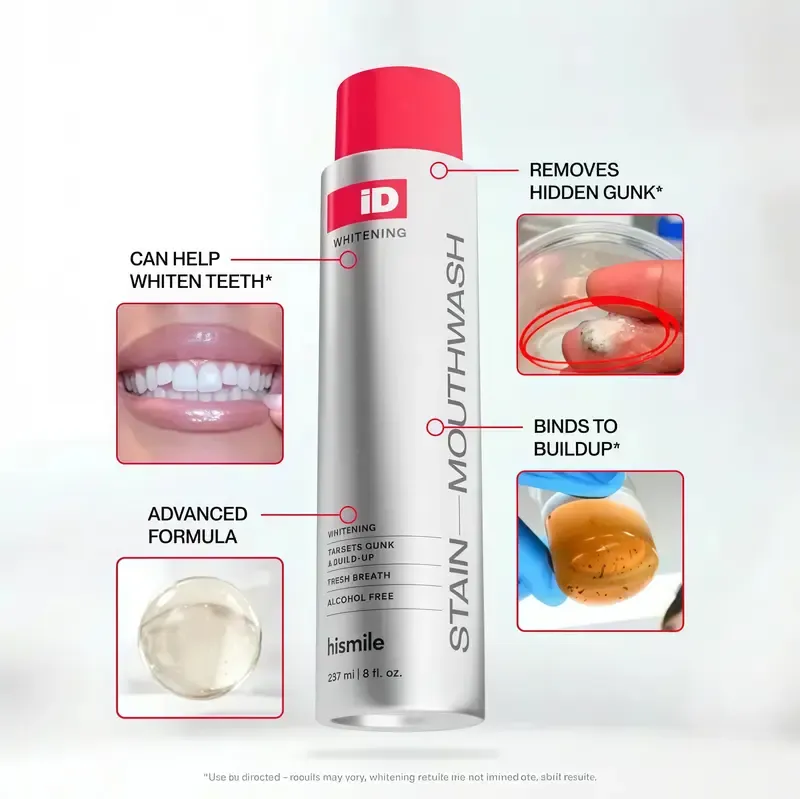 Hismile iD Stain Whitening Mouthwash for White Teeth HA, Freshens Breath with Essential Oils 237ml Daily