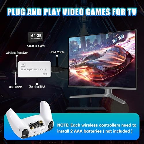 Retro Gaming Stick,Support 23 Emulators,Retro Gaming Console 64GB TF Card,Dual 2.4GHz Wireless Controllers,Game Stick 4K HDMI Plug and Play Video Games for TV