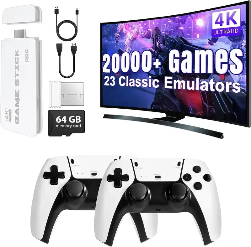 Retro Game Console with 20000+ Built-in Games 19 Emulators 2 Wireless Controllers 4K Output & 64GB SD Card Perfect for Kids & Adults - Portable Gaming