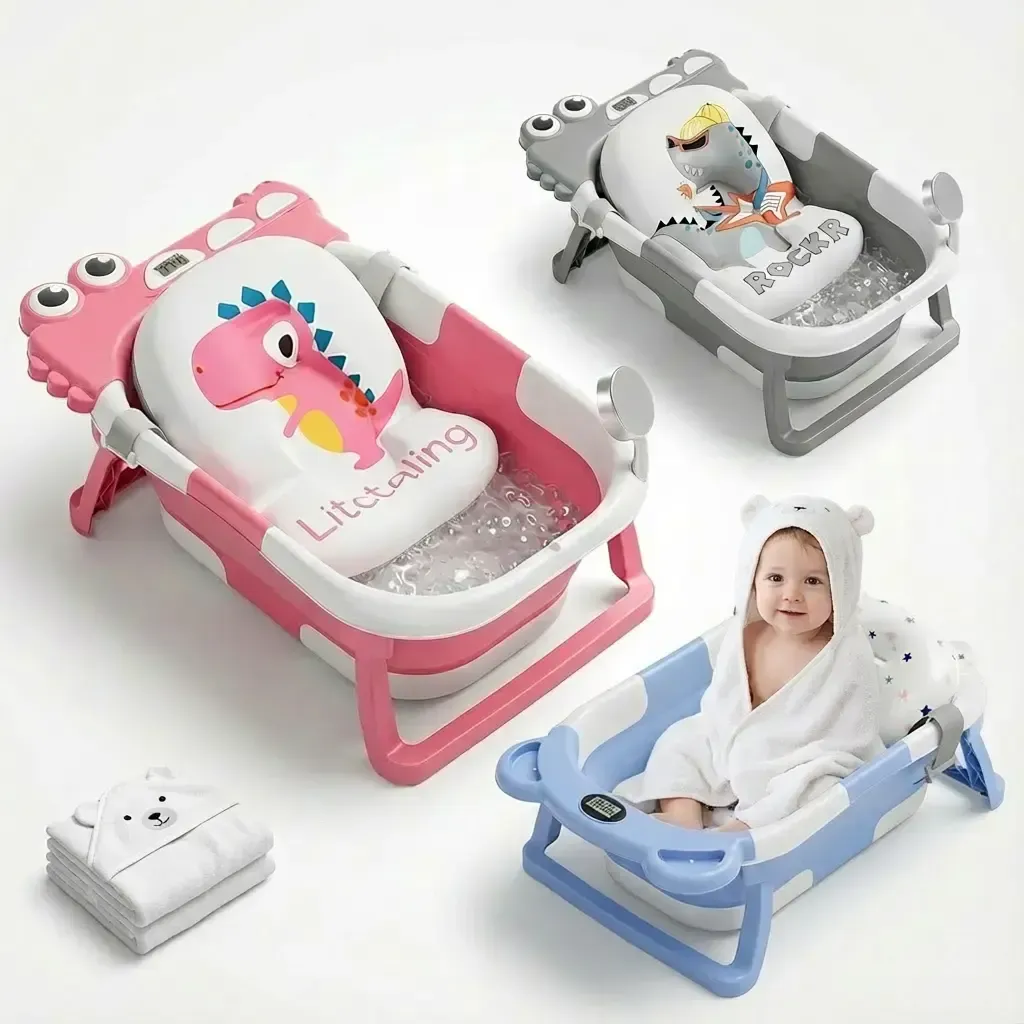 Collapsible Baby Bathtub | Real-Time Temp Monitor, Floating Cushion, Foldable Travel Tub for Newborns & Toddlers