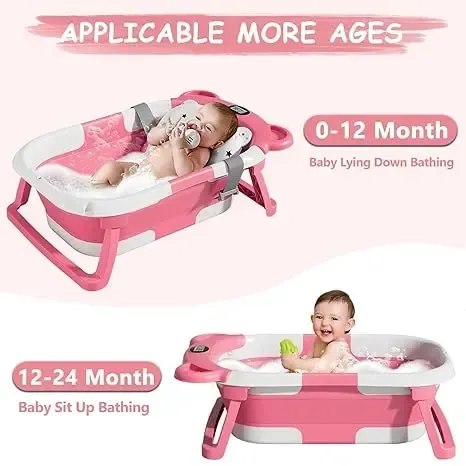 Collapsible Baby Bathtub | Real-Time Temp Monitor, Floating Cushion, Foldable Travel Tub for Newborns & Toddlers