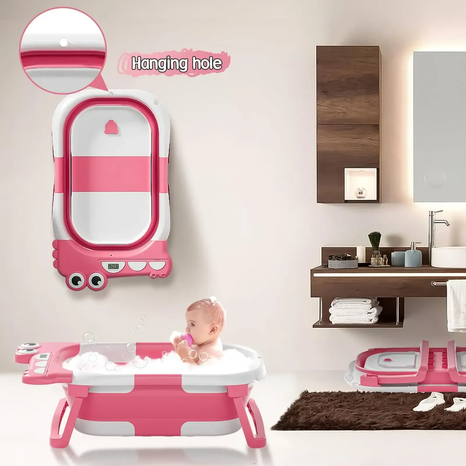 Collapsible Baby Bathtub | Real-Time Temp Monitor, Floating Cushion, Foldable Travel Tub for Newborns & Toddlers