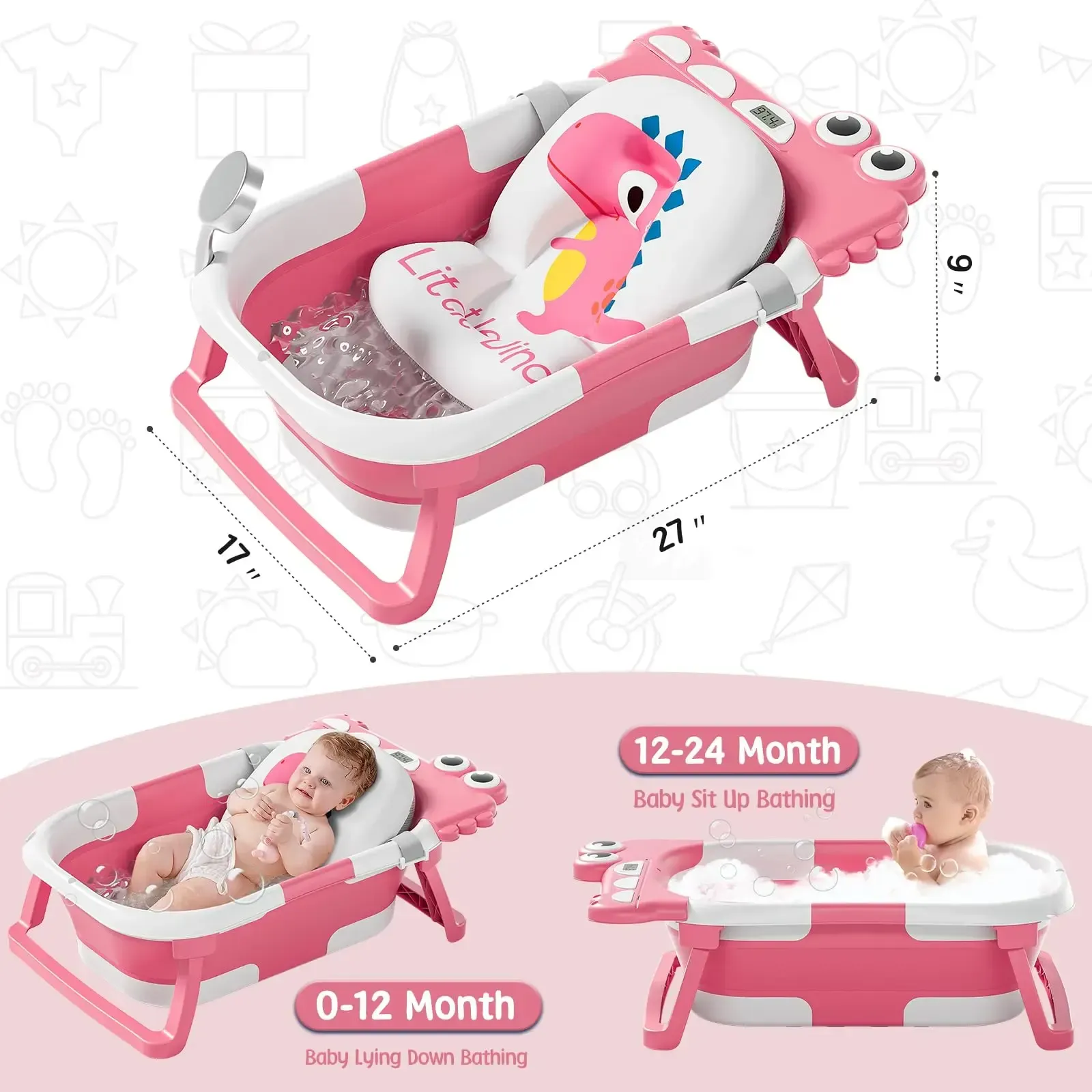 Collapsible Baby Bathtub | Real-Time Temp Monitor, Floating Cushion, Foldable Travel Tub for Newborns & Toddlers