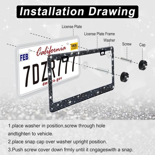 Rhinestone Automotive Car License Plate Frame Kit, Stainless Steel License Plate Cover Protector, Car Exterior Decoration Accessories