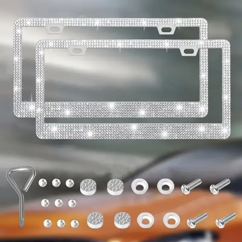 Rhinestone Automotive Car License Plate Frame Kit, Stainless Steel License Plate Cover Protector, Car Exterior Decoration Accessories