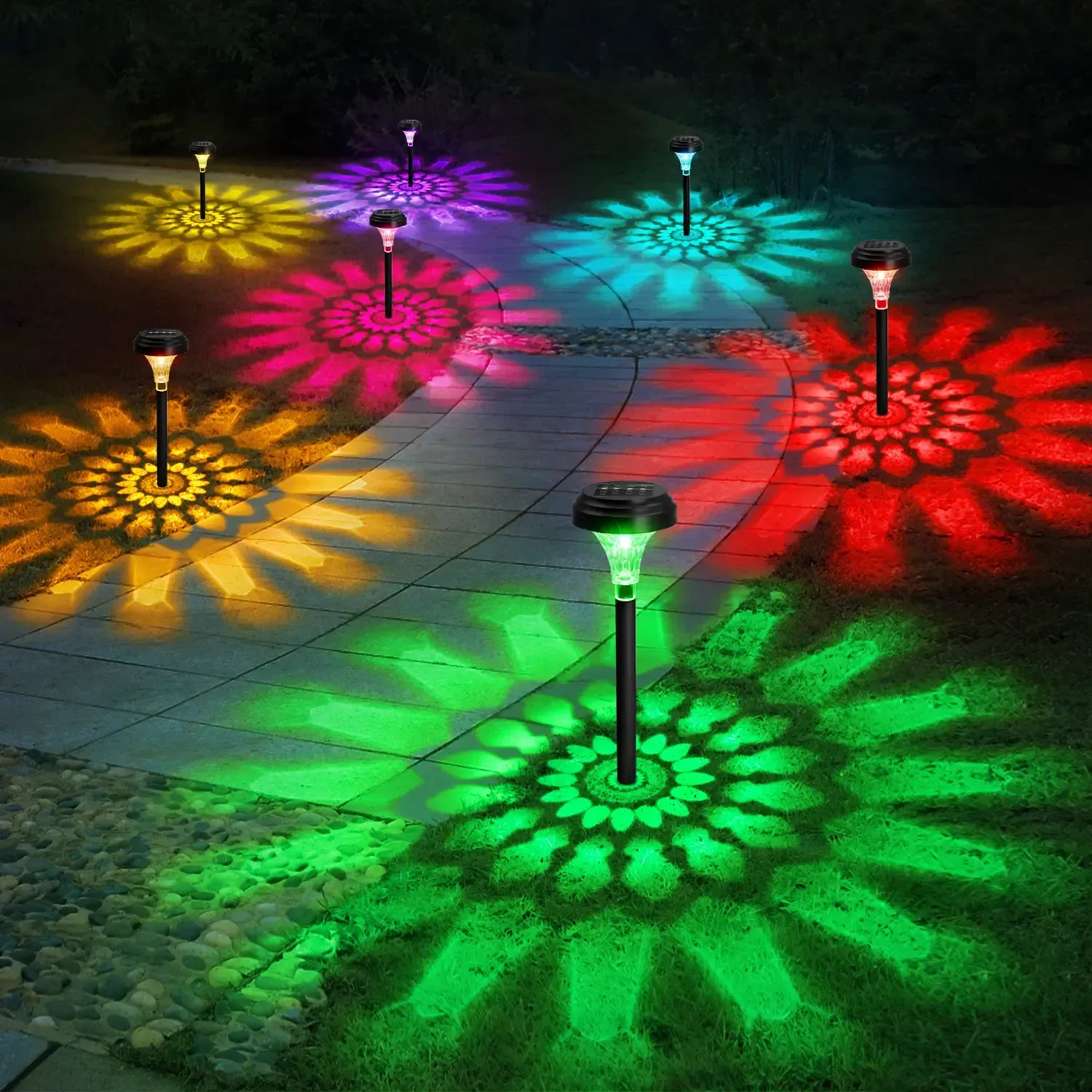 10 Pcs Multicolor Solar Pathway Lights, Color Changing, IP67 Waterproof, Auto Work, Sunflower Pattern,