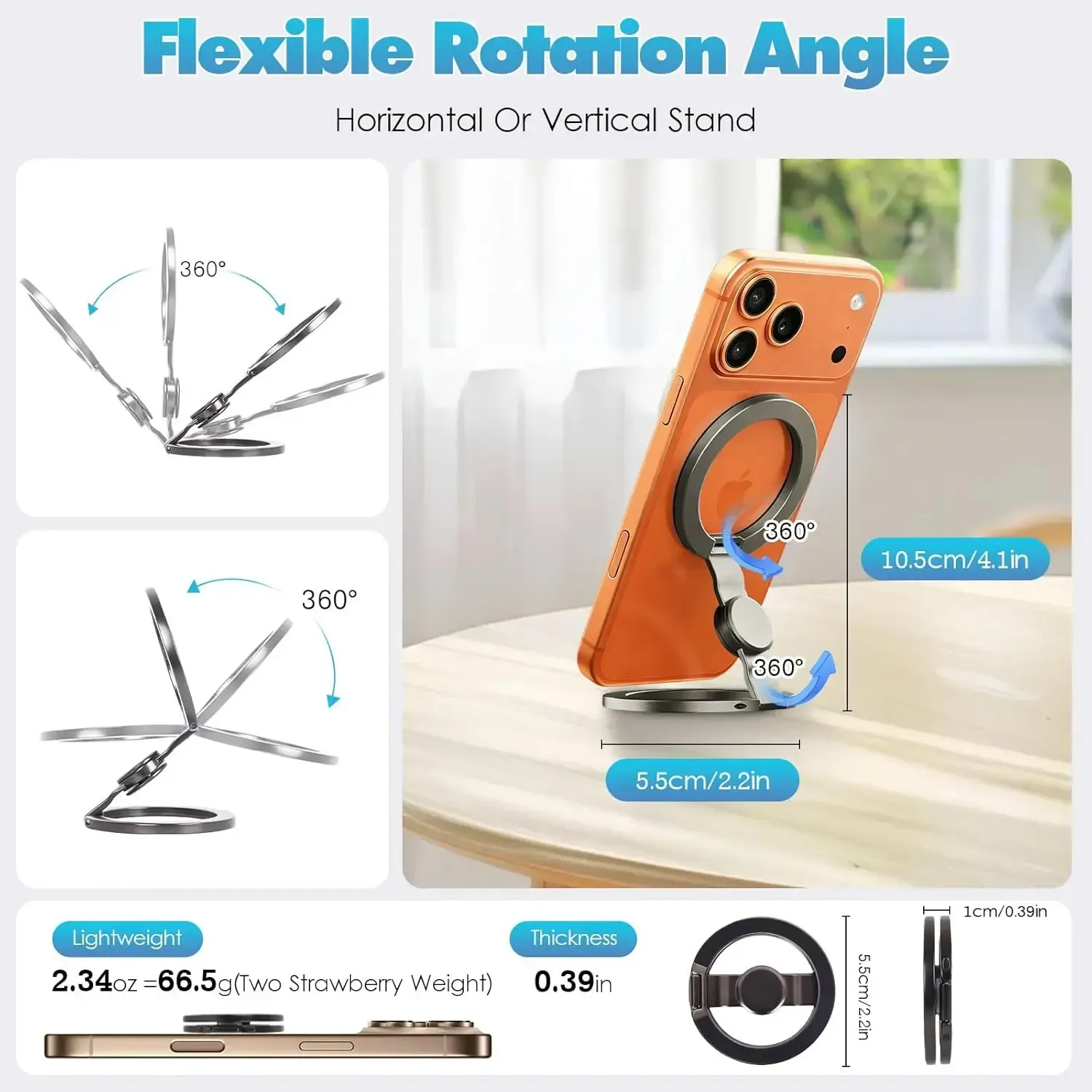 Magnetic Phone Stand & Fidget Spinner Combo, Dual Magnetic Ring Stand, Fidget Toys Adults, Foldable, 360° Rotation, Phone Holder Car, Desk Phone Stand, MagSafe Compatible, Stress Relief Accessory for Home-Office-Travel-Gym