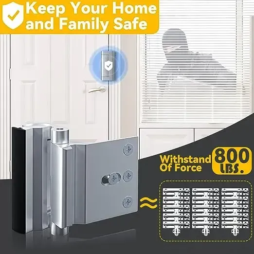 The family urgently needs it! Two-piece household security door lock, with a load capacity of 800 pounds, suitable for inward swinging doors, equipped with 8 screws for reinforcing the lock mechanism to prevent unauthorized entry.