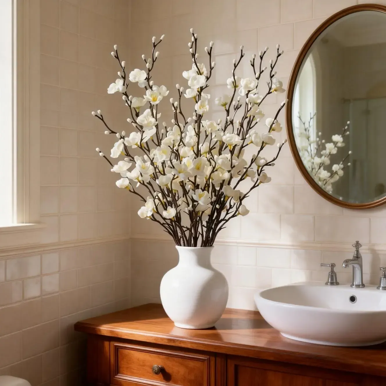 24Pcs- 21.7'' -Winter Artificial Flowers White Plum Silk Blossom 。Winter realistic flowers.Any beautiful interior needs it to brighten up life.