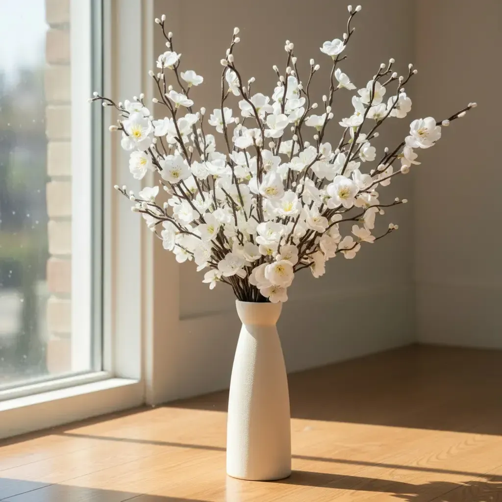 24Pcs- 21.7'' -Winter Artificial Flowers White Plum Silk Blossom 。Winter realistic flowers.Any beautiful interior needs it to brighten up life.