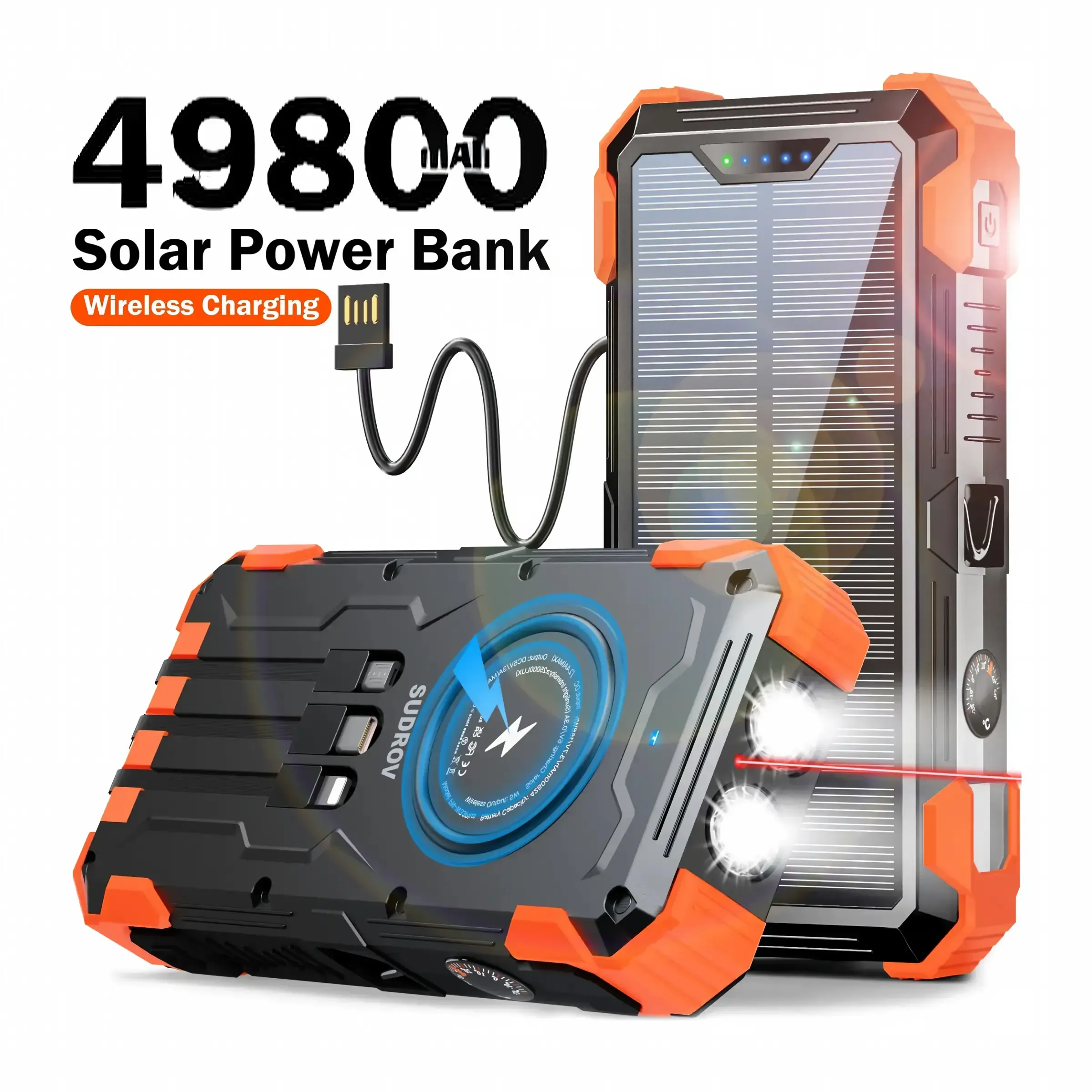 36800 &  49800mAh Solar Charger Power Bank Wireless Charger Built in 4 Cables 7 Outputs 15 Watts Fast Charging