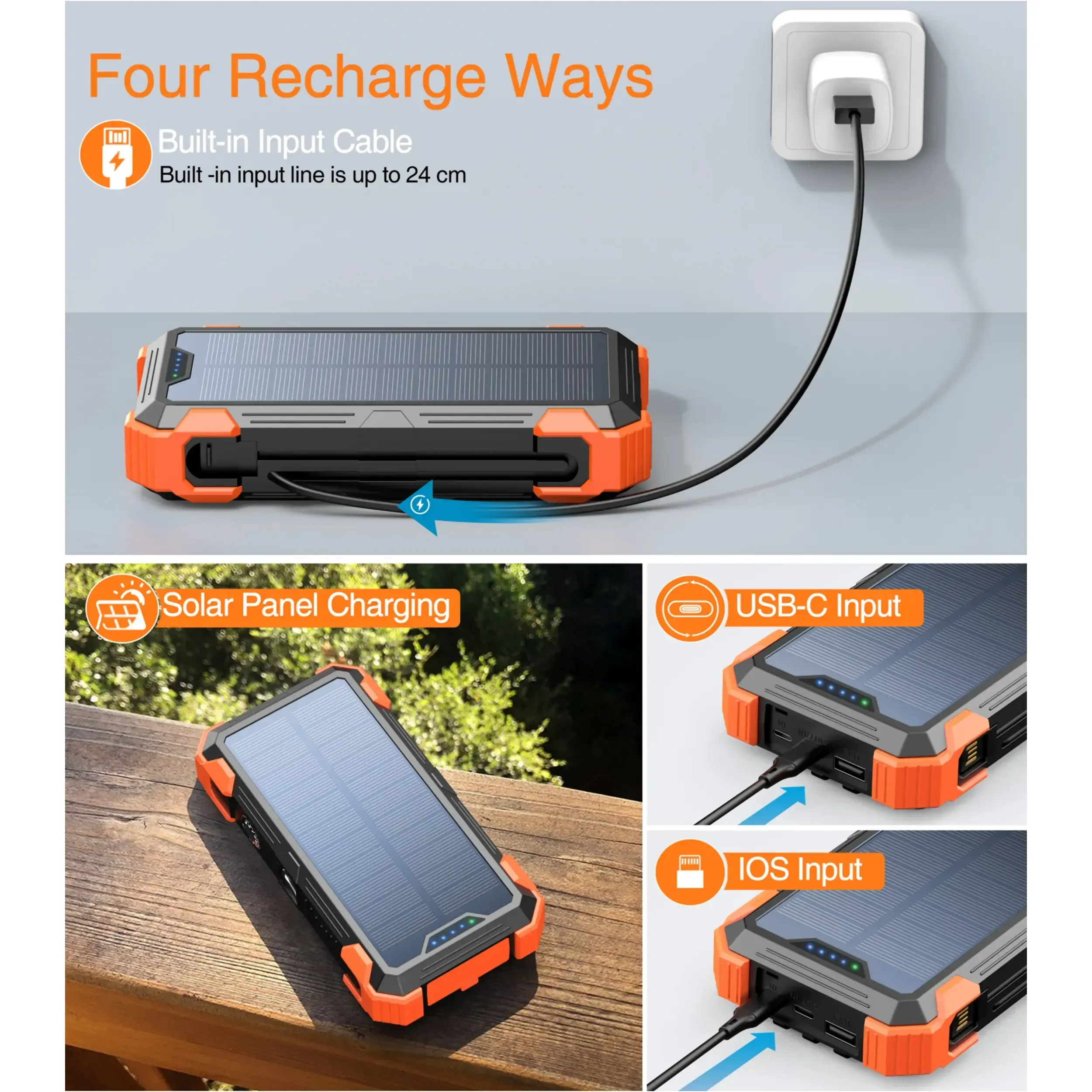 36800 &  49800mAh Solar Charger Power Bank Wireless Charger Built in 4 Cables 7 Outputs 15 Watts Fast Charging