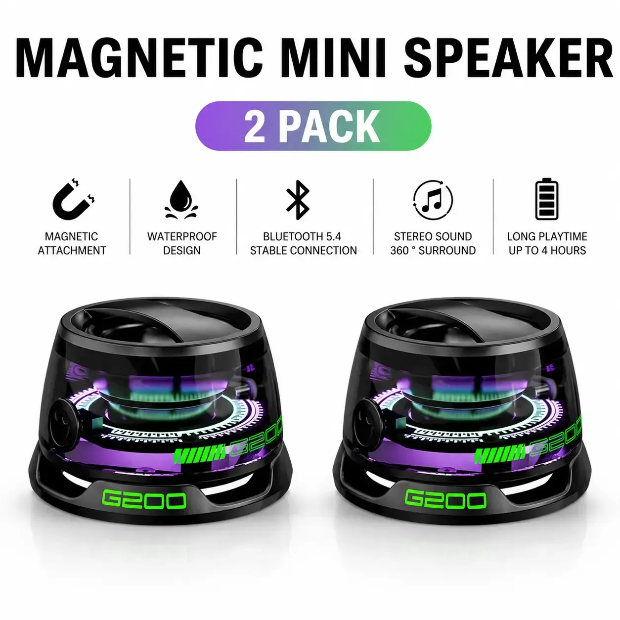 G200 Magnetic Bluetooth Speaker with RGB Light, 40mm Drivers, Bluetooth 5.3,Portable for Travel & C amping Adjustable Sound Volume