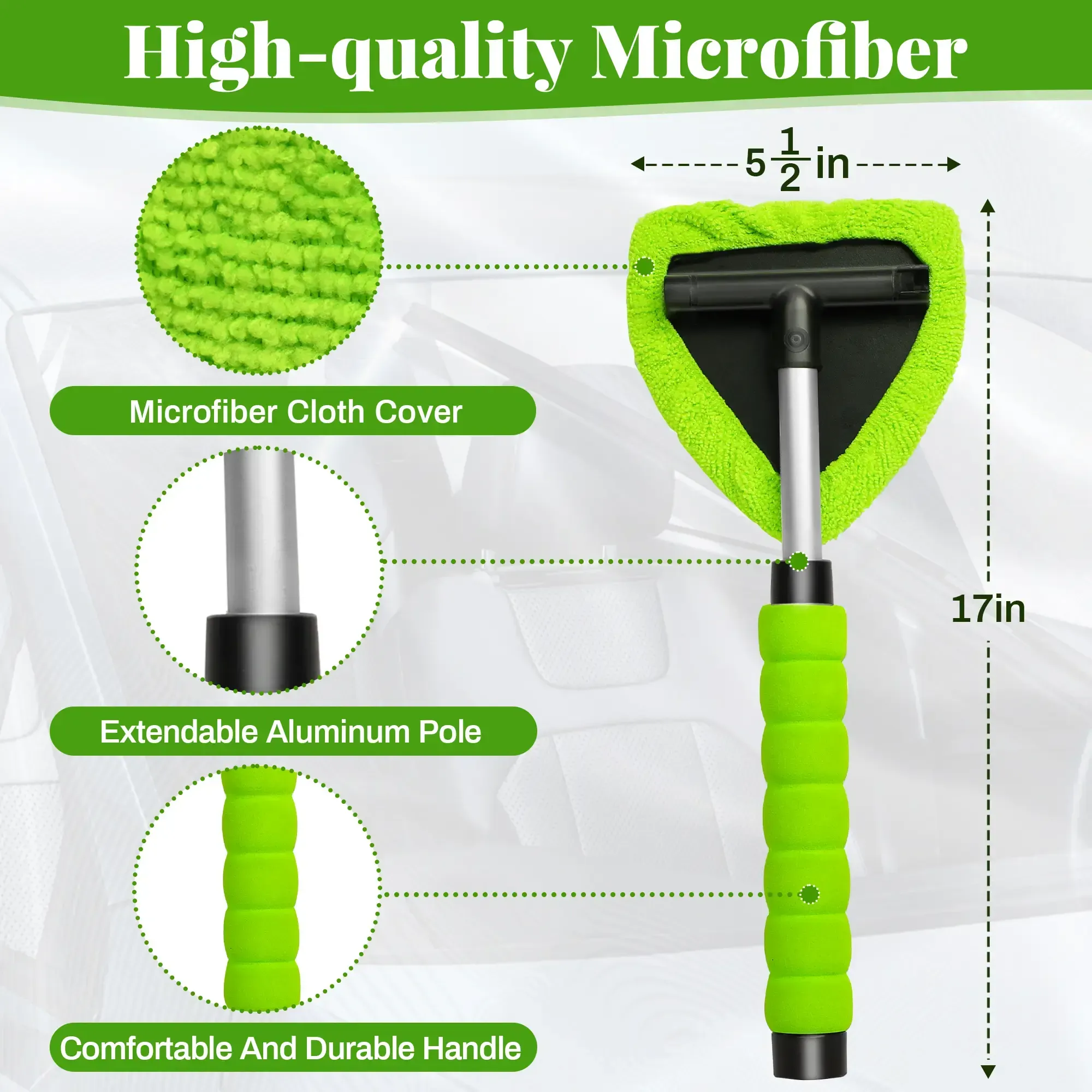 Windshield Cleaning Tool, Microfiber Car Window Cleaner with 4 Reusable and Washable Microfiber Pads and Extendable Handle