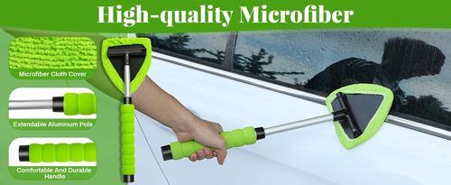 Windshield Cleaning Tool, Microfiber Car Window Cleaner with 4 Reusable and Washable Microfiber Pads and Extendable Handle