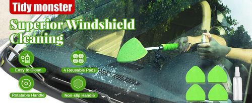 Windshield Cleaning Tool, Microfiber Car Window Cleaner with 4 Reusable and Washable Microfiber Pads and Extendable Handle