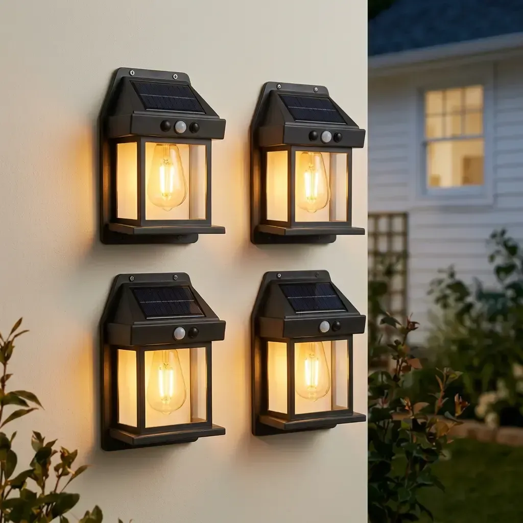 4 Pack Solar Outdoor Wall Lights with Motion Sensor, Waterproof IP65 Garden Security Lighting, 3 Modes Auto Dusk to Dawn, Wireless Decorative Lamp for Patio, Villa, Pathway