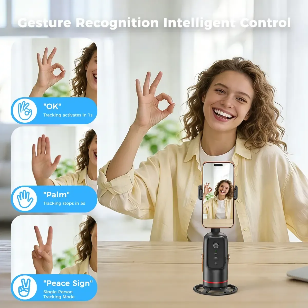 Auto Face Tracking Tripod, with Gesture Control Functon ,360° Rotation Face Body Phone Camera Mount Smart Shooting Phone Tracking Holder for Live Vlog Streaming Video, Accessories Selfie 360 Rotating Phone Stand