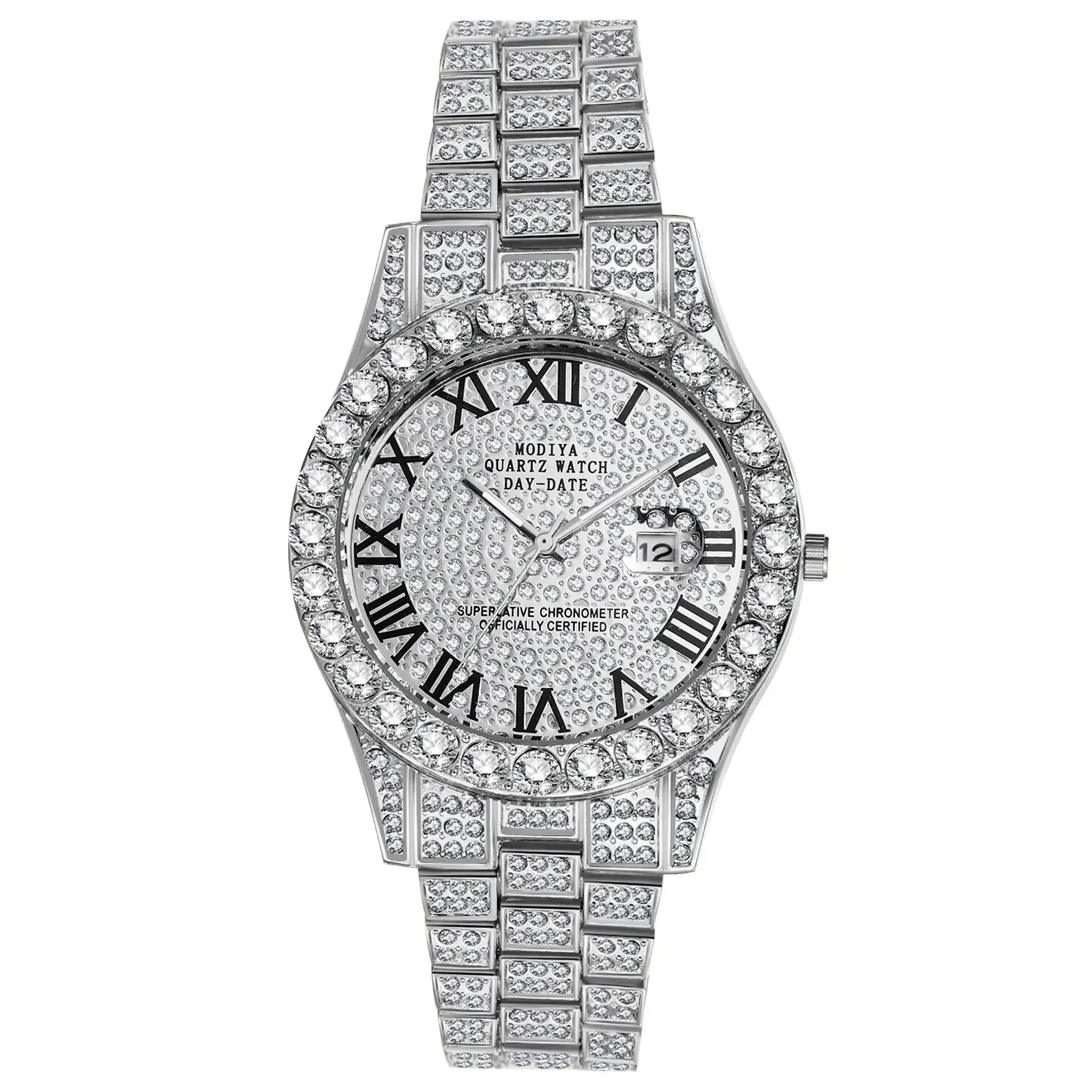 Men's Ultra-Light Rhinestone Iced Out Quartz Analog Watch - Round Face, Luxury Roman Numerals, Date Function, Business Casual Dress Watch, Men's Accessories, Boyfriend Birthday Gift, Unique Gifts for Him, Father's Day Gifts, Birthday Gifts For Bf