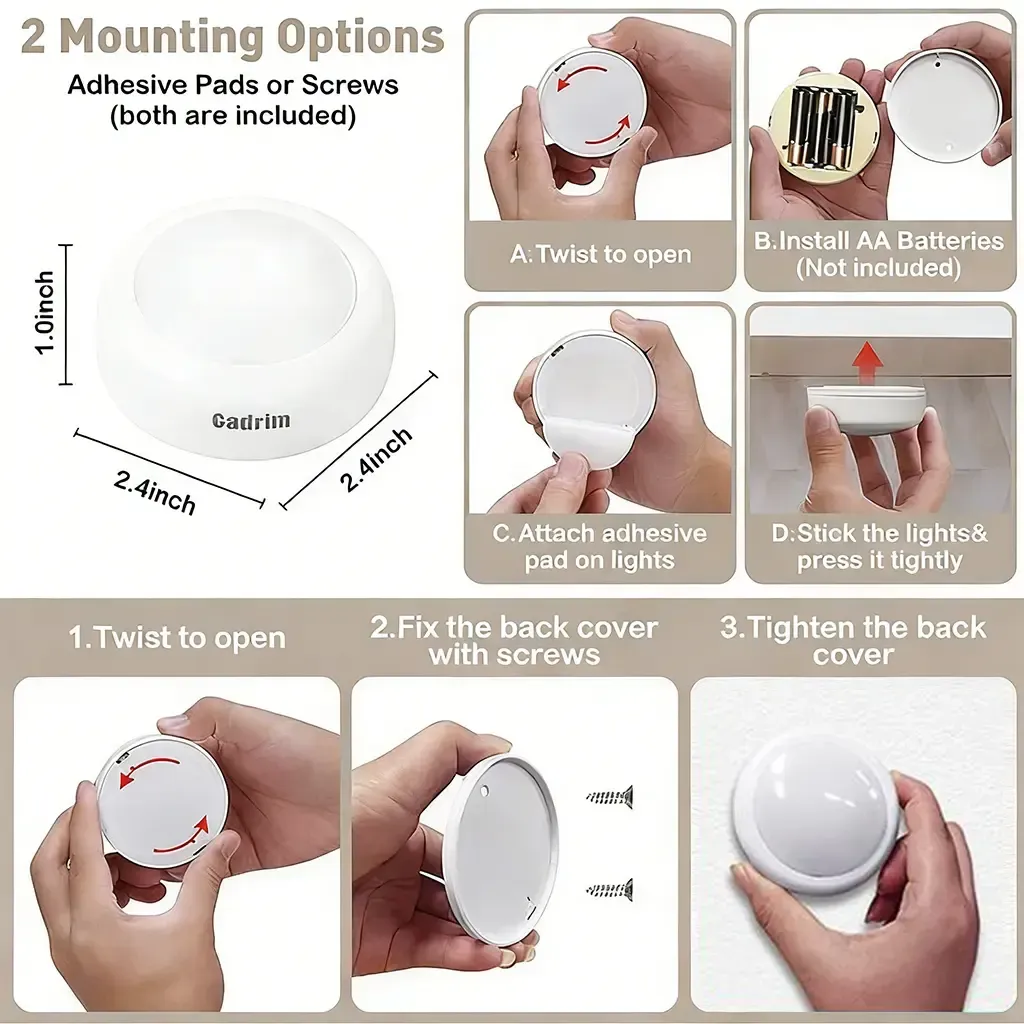 6 Pcs Cabinet Lights, Wireless LED Puck Lights, Battery Operated, Touch Light, Tap Light, Stick On Lights, Dimmable Under Cabinet Lighting for Kitchen Closets Garage Counter Wardrobe Bedroom
