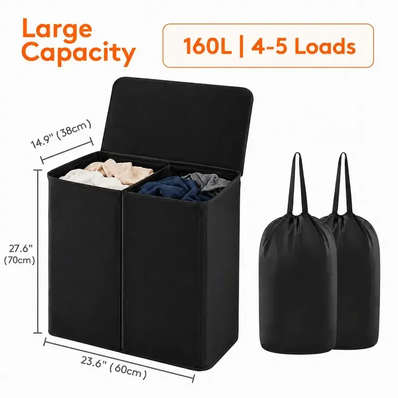 160L Essential household items, large capacity laundry basket, with 2 detachable inner compartments and a lid - foldable design