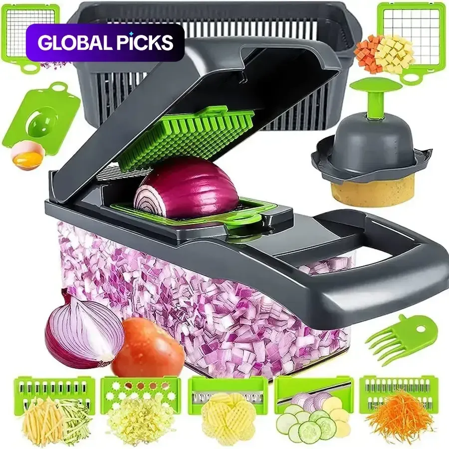 Household necessities - 15-in-1 multi-functional vegetable chopper and slicer set, kitchen food preparation tool, equipped with various blades, capable of cutting onions, potatoes and garlic, vegetable slicer