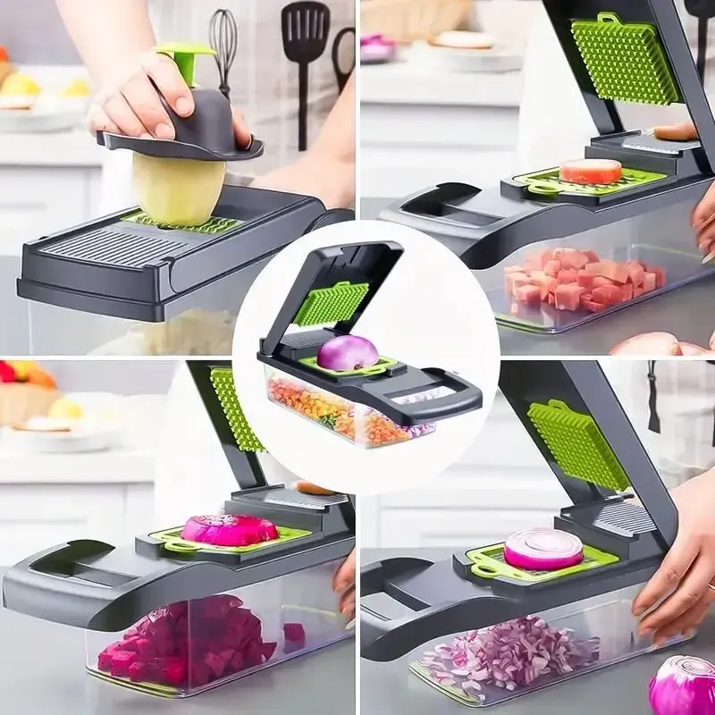 Household necessities - 15-in-1 multi-functional vegetable chopper and slicer set, kitchen food preparation tool, equipped with various blades, capable of cutting onions, potatoes and garlic, vegetable slicer