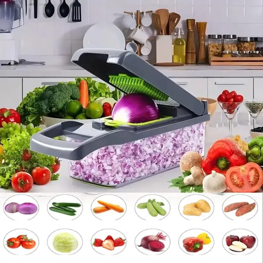 Household necessities - 15-in-1 multi-functional vegetable chopper and slicer set, kitchen food preparation tool, equipped with various blades, capable of cutting onions, potatoes and garlic, vegetable slicer