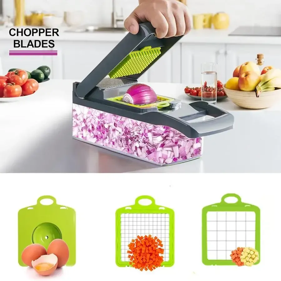 Household necessities - 15-in-1 multi-functional vegetable chopper and slicer set, kitchen food preparation tool, equipped with various blades, capable of cutting onions, potatoes and garlic, vegetable slicer