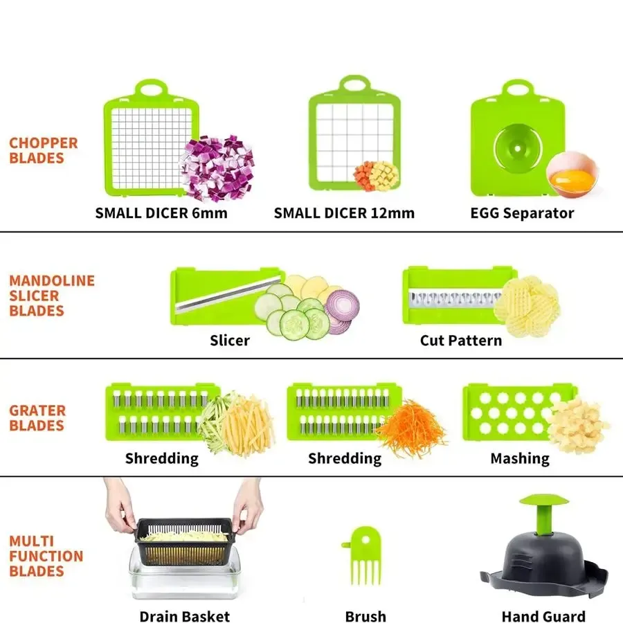 Household necessities - 15-in-1 multi-functional vegetable chopper and slicer set, kitchen food preparation tool, equipped with various blades, capable of cutting onions, potatoes and garlic, vegetable slicer