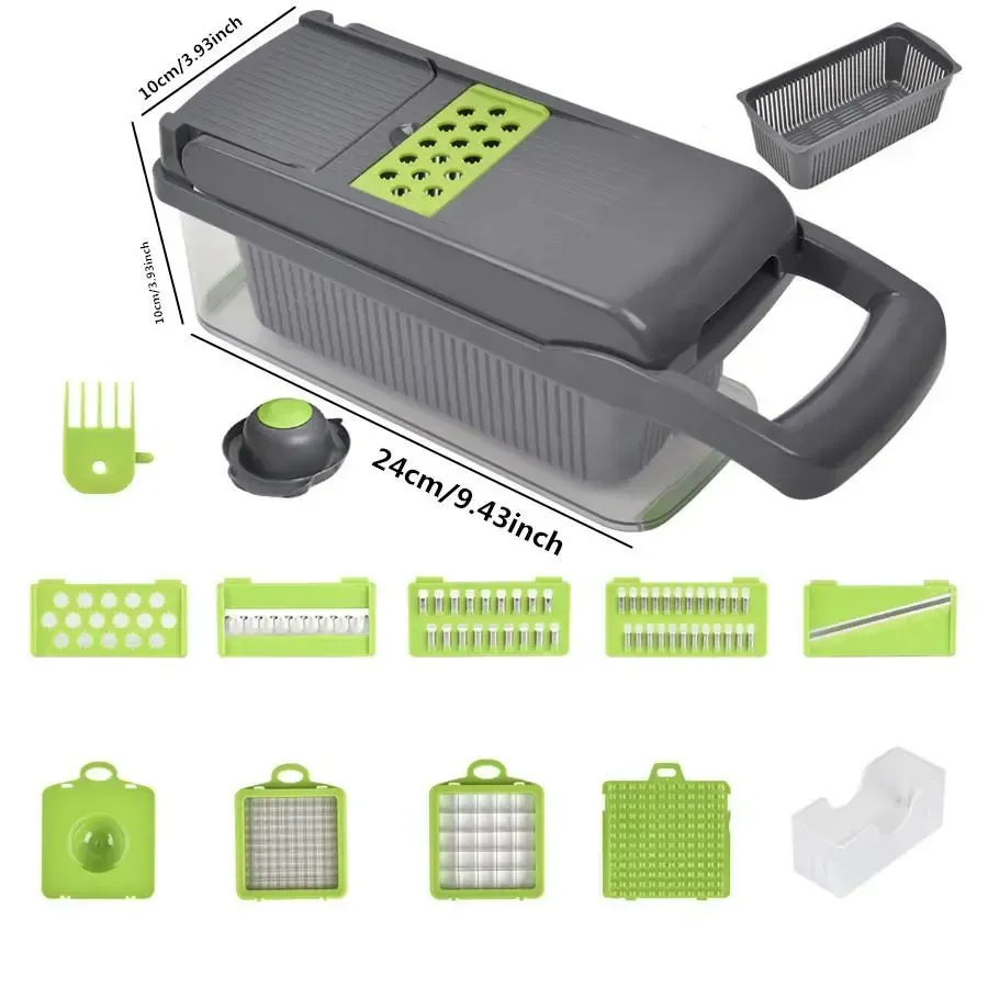 Household necessities - 15-in-1 multi-functional vegetable chopper and slicer set, kitchen food preparation tool, equipped with various blades, capable of cutting onions, potatoes and garlic, vegetable slicer