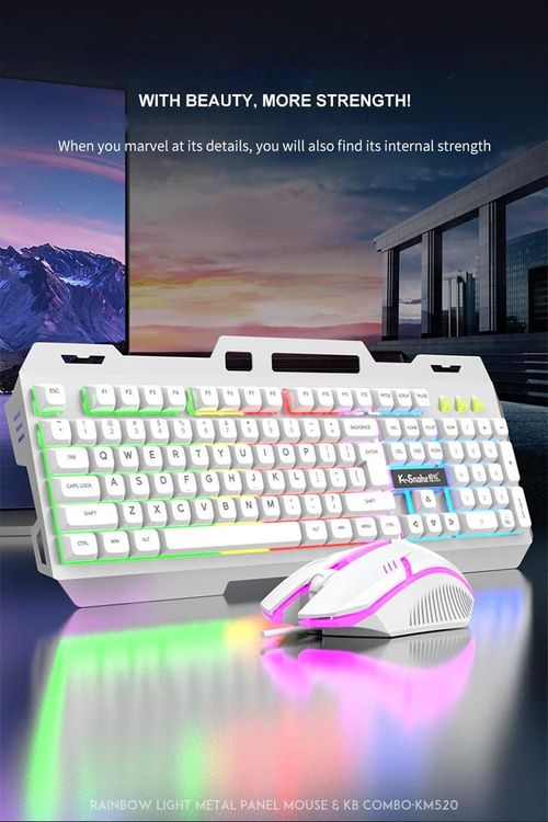 XUNFOX KM520 Rainbow Light Metal Panel Wired Keyboard and Mouse Combo - Mechanical Feel, 87-Key Compact Design, Multimedia Keys, Plug & Play