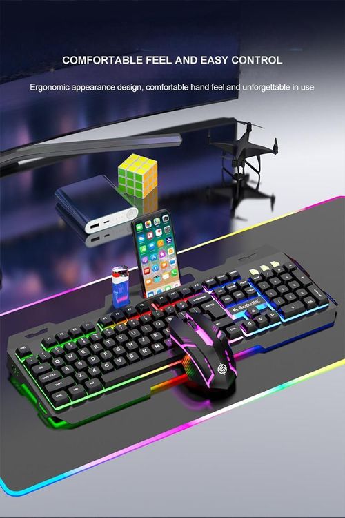 XUNFOX KM520 Rainbow Light Metal Panel Wired Keyboard and Mouse Combo - Mechanical Feel, 87-Key Compact Design, Multimedia Keys, Plug & Play