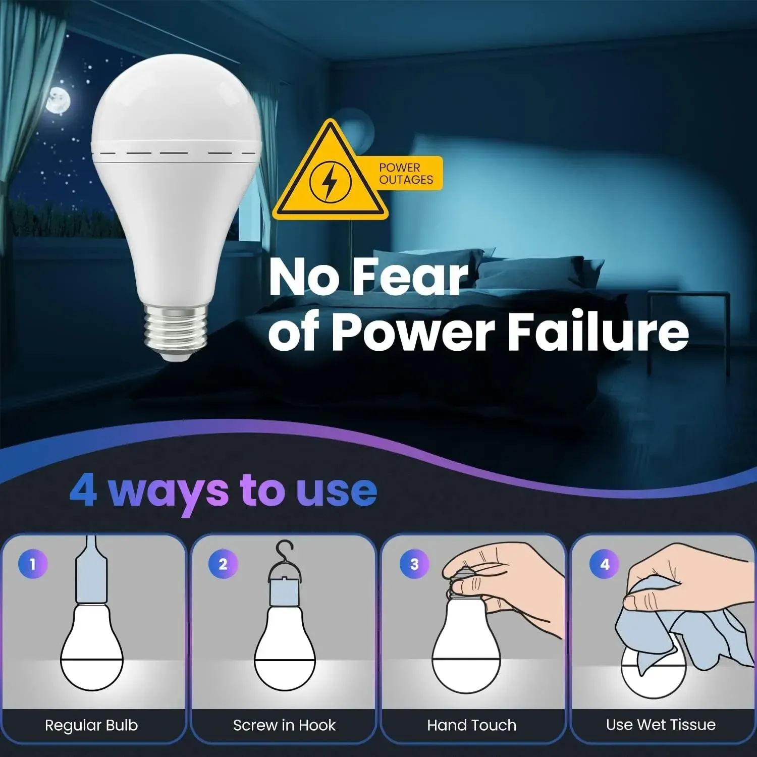 Rechargeable Emergency Light Bulbs 4 Pack A19, 1200mAh for Home Power Outage,Camping Lamp 6000K, 12W (60W Equivalent), 120V, Battery Powered