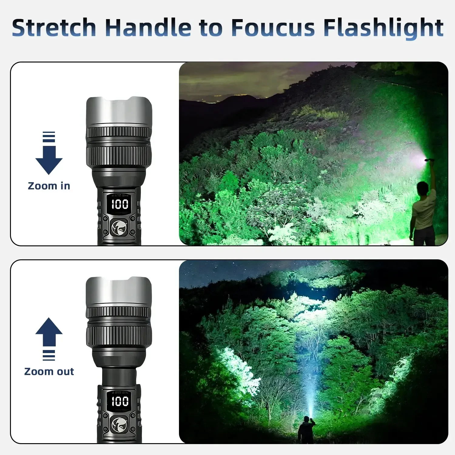 2-in-1 Strong Flashlight (Power Bank), Digital display ofpower, Rechargeable, Zoomable,, X4Waterproof,Adjustable Brightness Flash Light for Outdoor, Emergency,Camping Accessories, Black tiktokshopsummersale outdoorfun