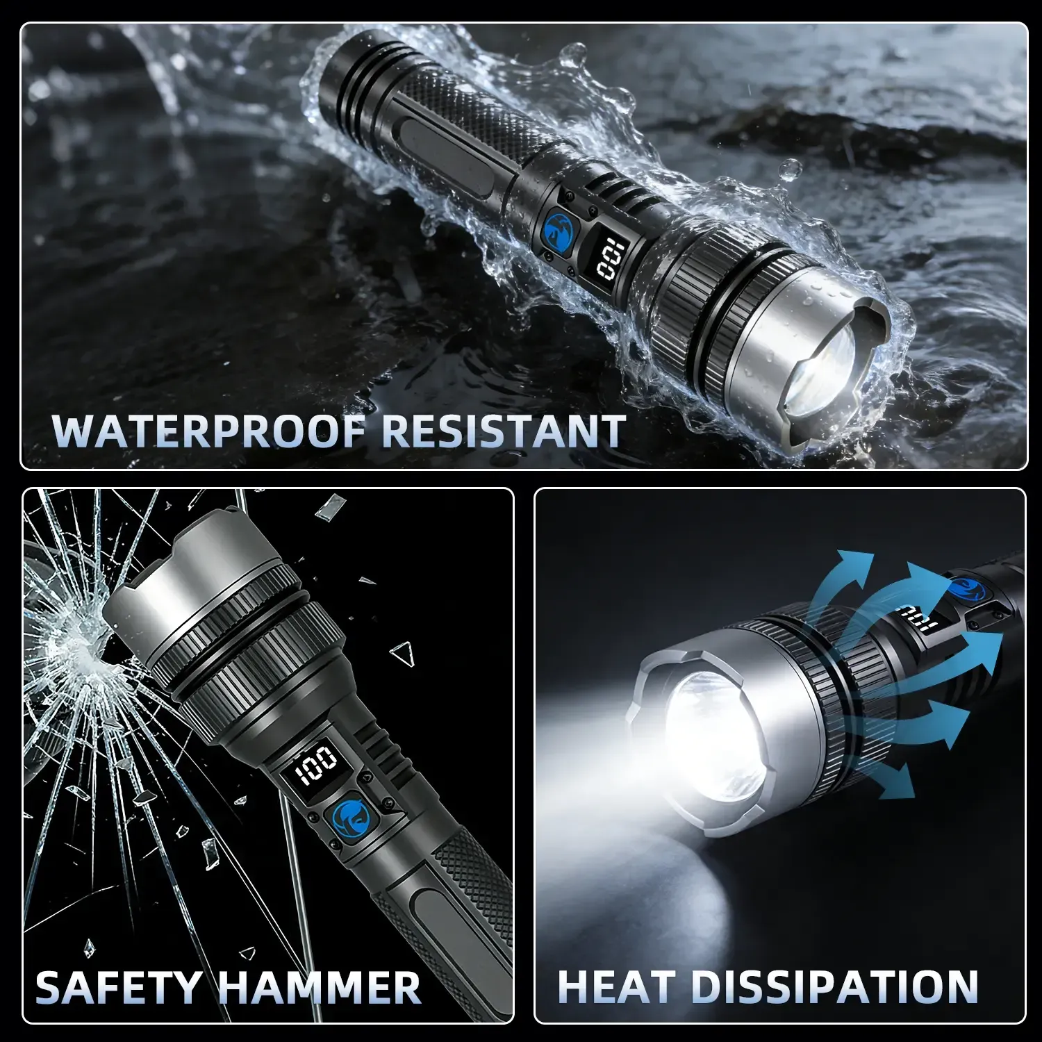 2-in-1 Strong Flashlight (Power Bank), Digital display ofpower, Rechargeable, Zoomable,, X4Waterproof,Adjustable Brightness Flash Light for Outdoor, Emergency,Camping Accessories, Black tiktokshopsummersale outdoorfun