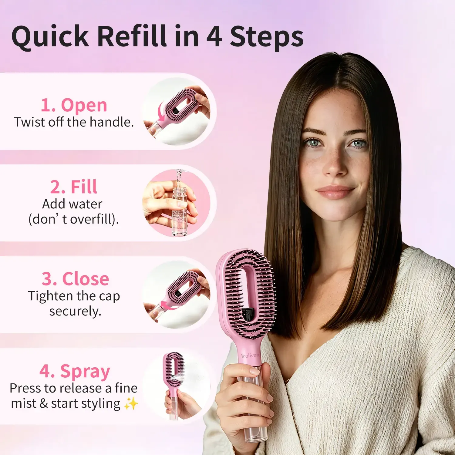 3-in-1 Mist Spray Hair Brush - Anti-Frizz Ionic Detangling Comb with Refillable 55ml Water Tank, Dual Bristle Design with Massage Tips for Dry, Curly & Thick Hair, Effortlessly untangle knotted hair tiktokshopbacktoschool