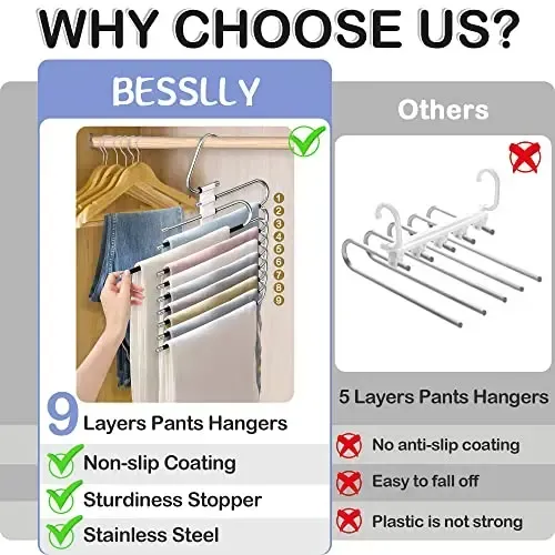 9-in-1 Space Saving Pants Hangers – Metal Closet Organizer for Jeans, Trousers & Scarves – Save 80% Closet Space, Non-Slip Design – 1-Pack (KSh 2,700)