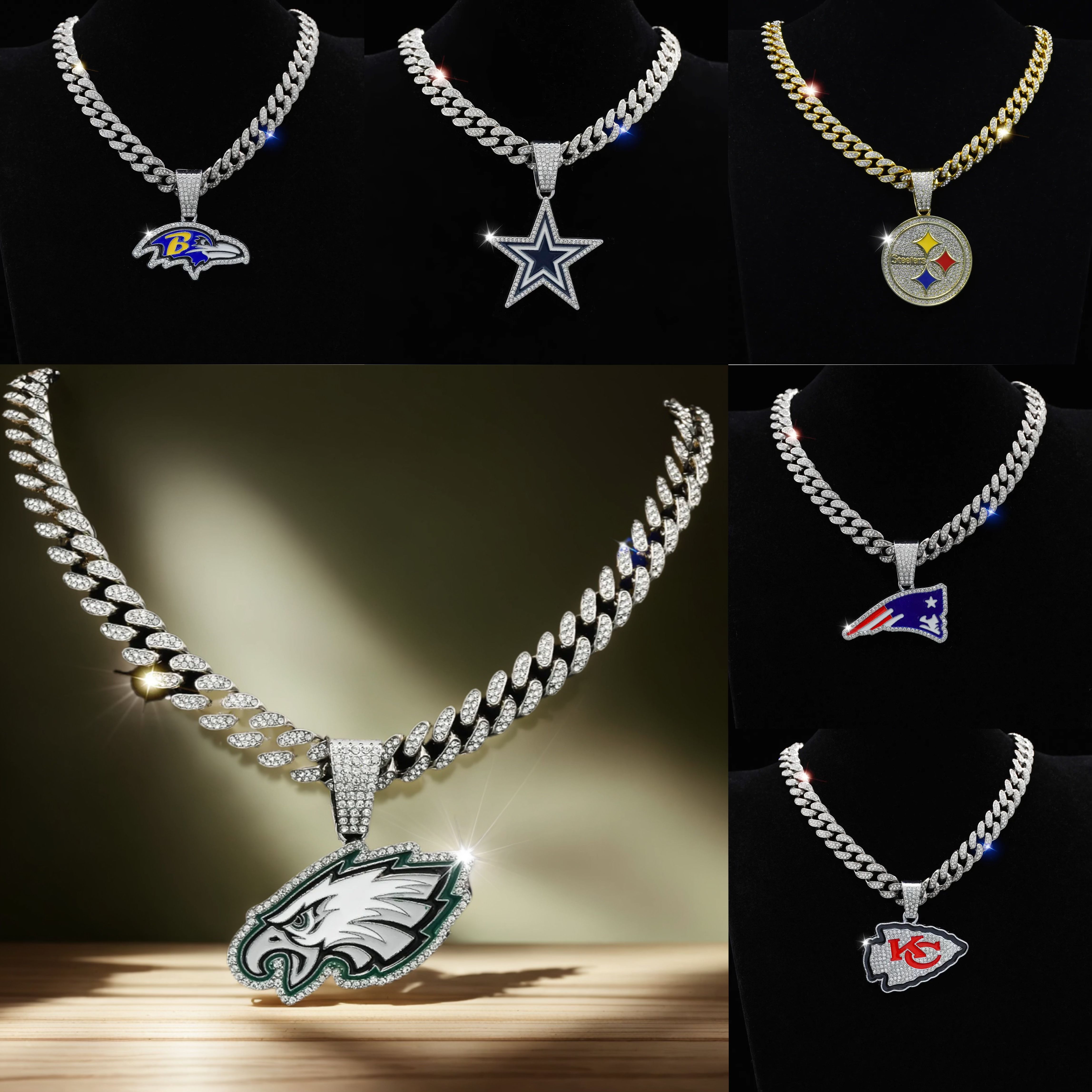 NFL Crystal Rhinestone Charm Necklace & Mens Hip Hop Cuban Cowboy Pendant Sports Link Rugby Team Necklace🏈