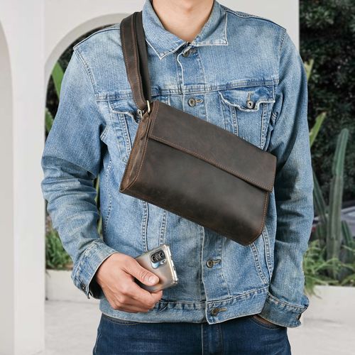 Wholesale custom retro brown mobile phone wallets, full-grain wallets, crazy Horse dance show genuine leather cowhide men's clutch bags