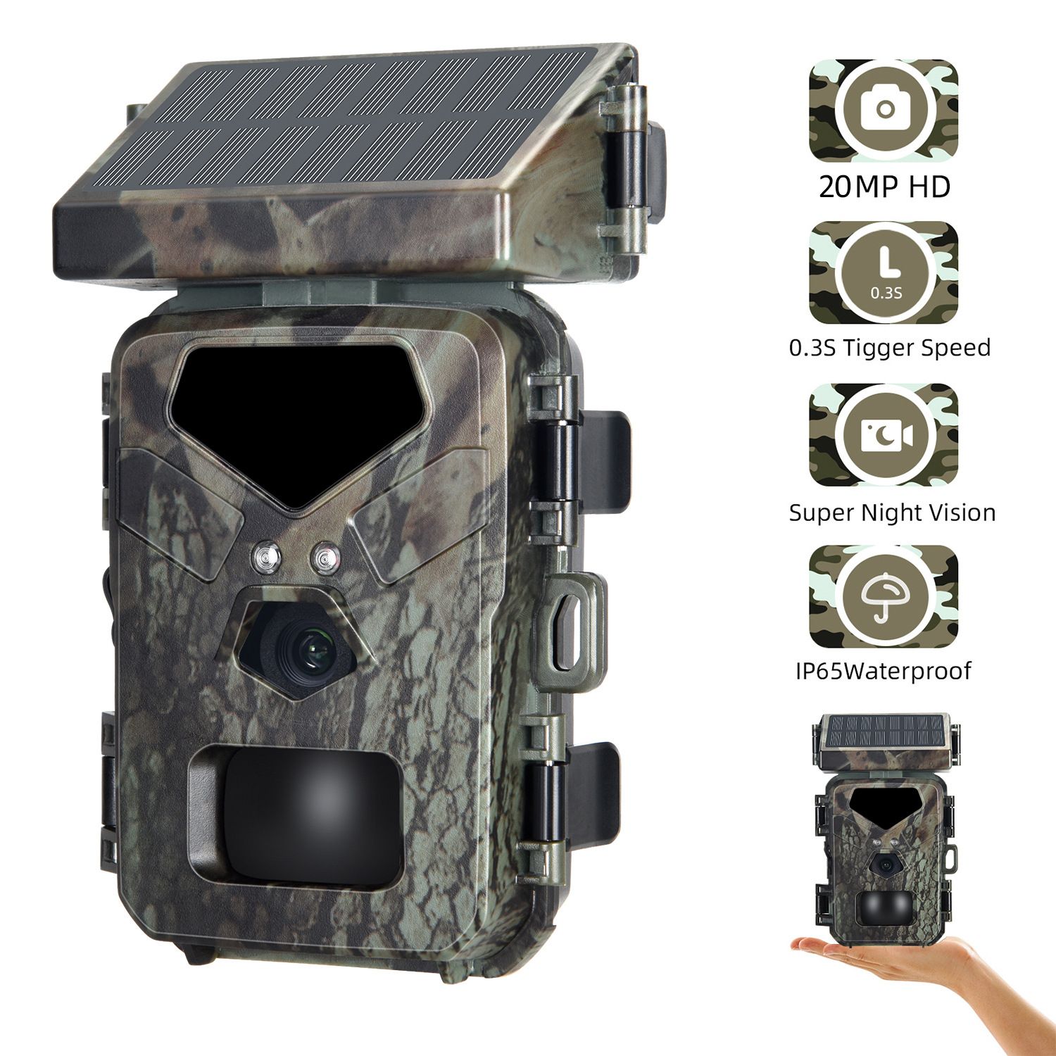 20MP 1080P Solar Powered Trail Camera Versatile Night Vision Hunting Camera