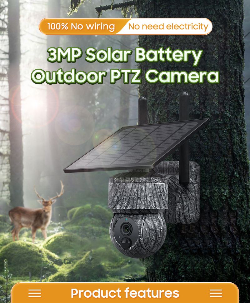 3MP Outdoor Solar Camera WIFI Wireless PTZ Solar Trail Cam With Solar Panel Two Way Audio Security Protection CCTV Cameras