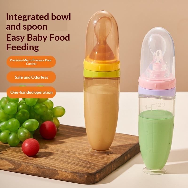 Infant rice cereal bottle 120ml squeeze feeding spoon full silicone suction cup rice cereal spoon complementary food feeding tableware