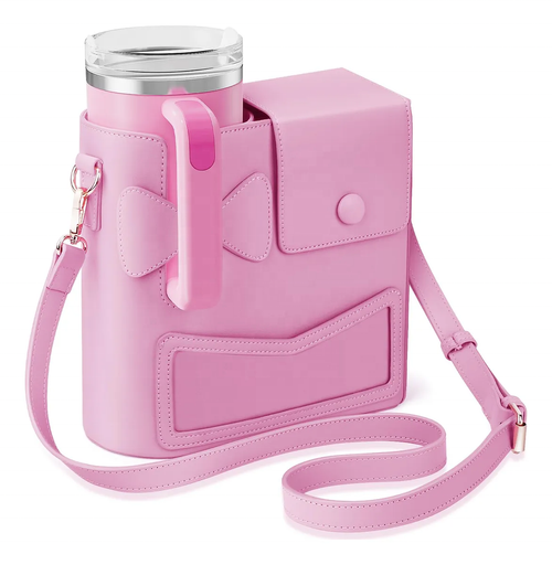 Pink portable cup holder crossbody bag