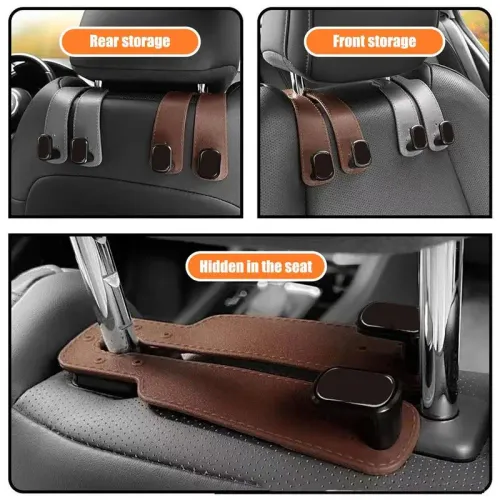 2pcs Car Seat Headrest Hooks 2 In 1 Soft Leather Car Seat Back Hook For Purse & Bag Backpack Double Hook Car Seat Hanger Accessories