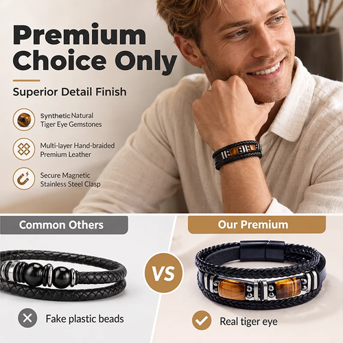 Multi-layer leather cord bracelet with tiger's eye and magnetic clasp