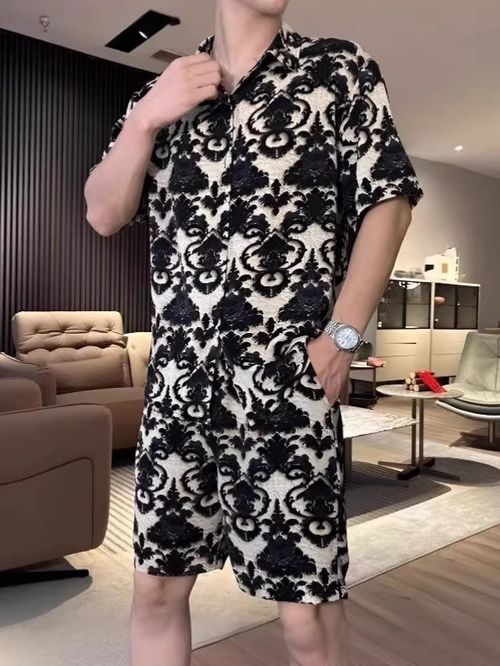 Summer Trendy Thin Leopard Print Short-sleeved Shirt Shorts Suit Men's Fashionable Casual Versatile Two-piece Set