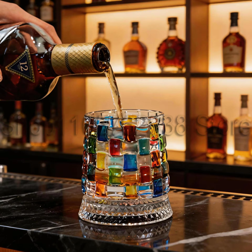 2pcs New Colorful Painting Rotating Whiskey Glass Creative Crystal Beer Cup Str Relief Liquor Cup With Base Straight Drink Wine Glass