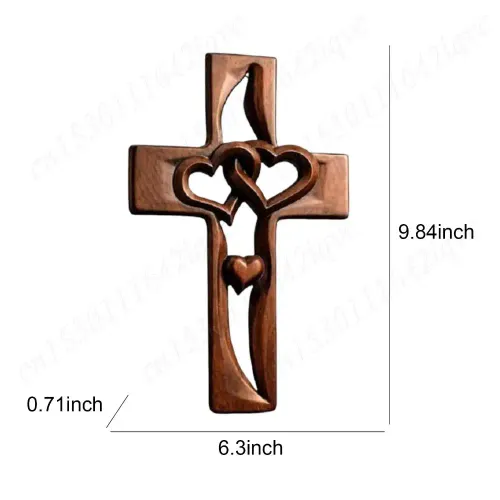 Handcarved Wood Cross with Intertwined Hearts Wall Hanging Carved Cross Hand Made Art Decor Grift for Wedding Valentine's Day