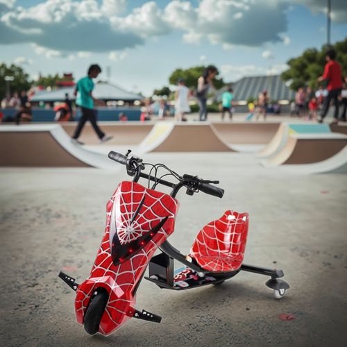 Three-wheeled electric drift scooter, suitable for children and adults, equipped with LED lights and Bluetooth functionality.